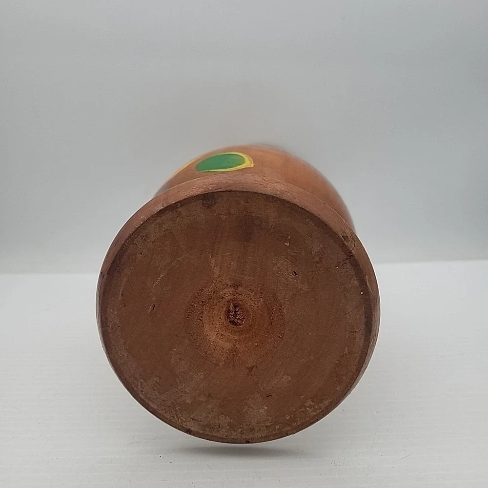 Wood Flower Vase Hand Carved Hand Turned Mexico 10” Brown Floral Painted